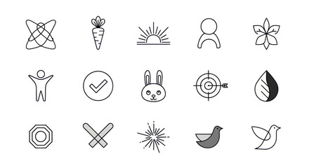 Set of Simple Line Art Icons: Abstract Shapes, Nature, People, Animals, Symbols