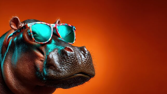 A whimsical hippo dons colorful sunglasses against a bright backdrop, embodying playful spirit and fun, bringing joy and laughter to viewers with a creative and humorous touch.