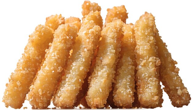 Golden fried fish sticks cut out isolated on white background with shadow. AI generated.
