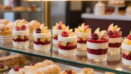 Obraz premium Layered fruit dessert cups with cream in bakery display