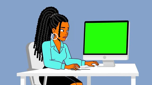An animated woman with braided hair sitting at a desk and working on a computer featuring a green screen monitor. This graphic is ideal for remote work scenarios, tech support tutorials, and software 