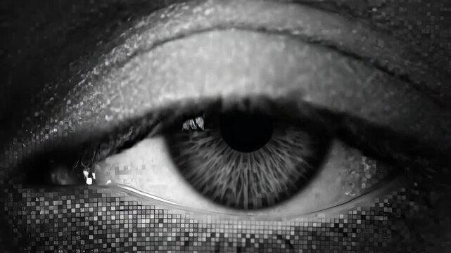 Pixelated human eye transforming into detailed realistic view. Sequence showing digital glitch effect resolving to clear iris and pupil. Animation concept of improving image quality and vision