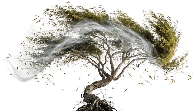 Flying whispers of the sky majestic bamboo tree with shadow cut out isolated on white background. AI generated.