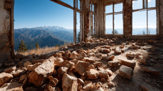 An eerie abandoned room filled with rubble, featuring large windows that frame a breathtaking mountain landscape, creating a stark contrast between decay and nature's beauty.