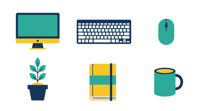 Set of flat icons featuring office workspace equipment and supplies.