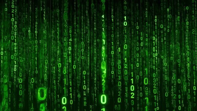 Abstract digital animation of cascading green binary code and numbers flowing downward in vertical streams against a dark background, representing cyber technology and data processing.