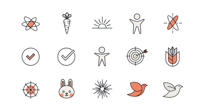 Set of Line Icons: Atom, Carrot, Sunrise, Person, Target, Check Mark, Wheat, Bird, Rabbit