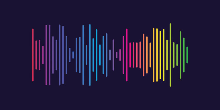 Vibrant multicolored sound wave pattern on dark background audio music equalizer rainbow. Resizable and editable, EPS 10.