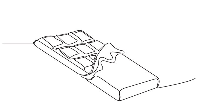 Continuous line drawing of an open chocolate bar in foil wrapper. Minimalist one line art of sweet cocoa dessert, isolated on white background. Simple vector illustration for cafe or food design.