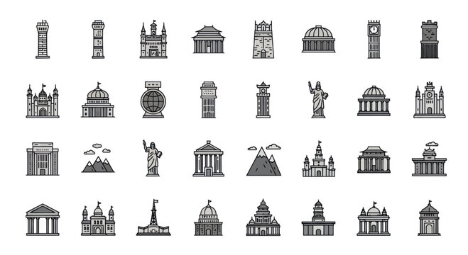 Pixel Art Landmarks Collection: Famous Buildings Icons Set