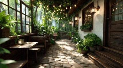 Fototapeta premium A charming pathway adorned with vibrant greenery and warm lights creates an inviting outdoor garden space, perfect for social gatherings and relaxation surrounded by nature.