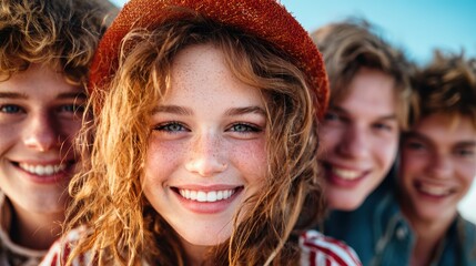 Fototapeta premium A joyful group of friends is captured laughing and smiling against a beautiful sunset backdrop, embodying the essence of friendship, youth, and carefree moments.