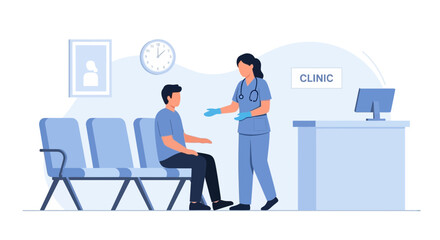 Fototapeta premium Nurse talking to patient in clinic waiting room, healthcare consultation, medical checkup