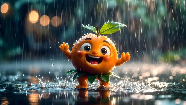 Laughing orange character standing in a summer rain shower. Joyful nature and healthy lifestyle. Small citrus fruit mascot with open arms in a sunlit downpour