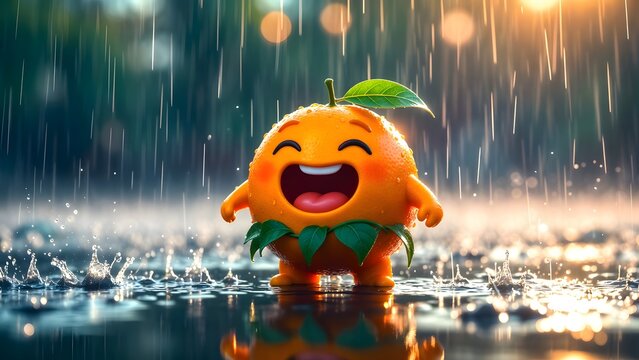 Joyous orange character laughing during a bright rain shower. Refreshment and positive energy. Small citrus mascot standing in a field with splashing raindrops
