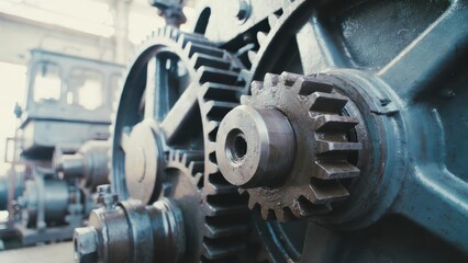 Fototapeta premium Close-up of weathered industrial gears, showing intricate teeth and metallic texture in a workshop