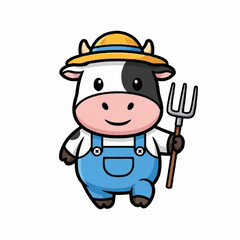 Fototapeta premium Cute cartoon cow farmer wearing overalls and hat holding pitchfork.