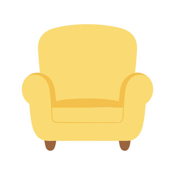 Comfortable yellow armchair with curved armrests and stubby legs on a white background