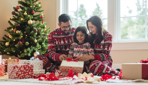Family in matching christmas pajamas opening gifts on the floor together