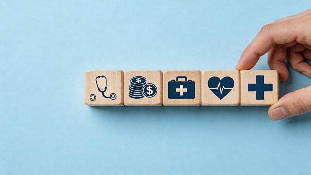 Business man woman hand holding arranging wooden blocks with medical icons health insurance concept finance medicine stethoscope coins first aid kit heart pulse care clinic