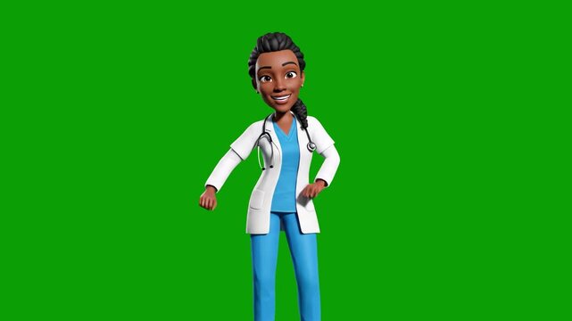 An animated 3D character of an African American woman doctor in a lab coat dancing and posing. A cheerful medical professional asset on a chroma key green background for health promotion and training.