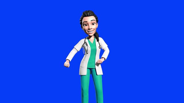 A 3D animated Hispanic woman in medical scrubs and a white doctor's coat dancing. Set on a blue screen, this healthcare character can be easily composited into medical presentations and health campaig