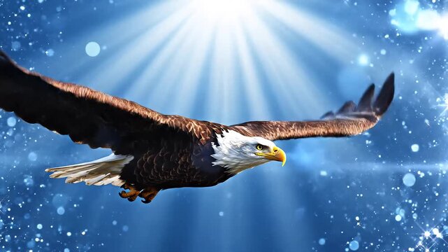Majestic Bald Eagle Soars Through Starry Night Sky with Radiant Light Rays.