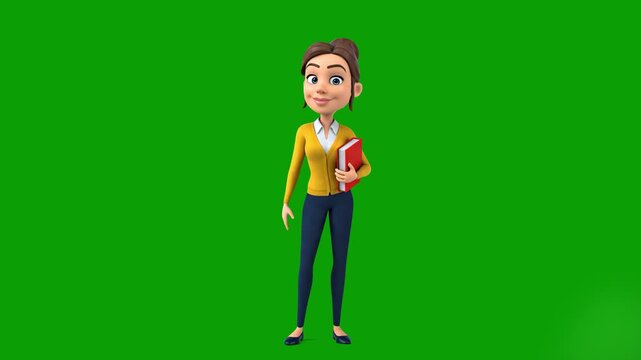 An animated young Caucasian woman in a yellow cardigan dancing while holding a red book. This 3D character asset is ideal for school, library, and business training explainer videos against a green sc