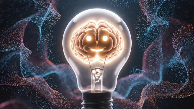 Brain inside lightbulb with bright idea.