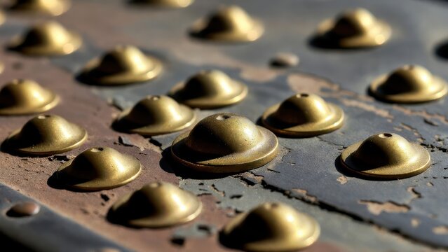 Close-up macro shot of weathered brass dome studs on a textured, aged metal surface