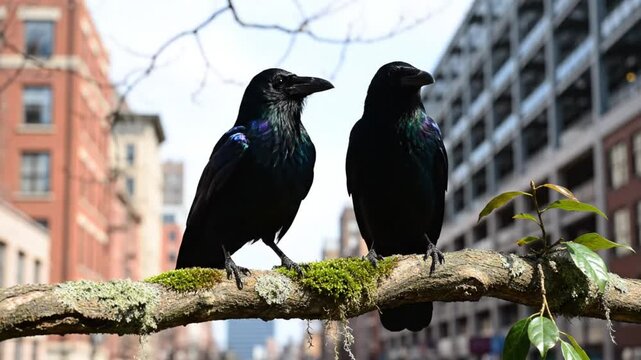 Two sleek black crows perch on a branch in an urban setting with sounds of nature and city life