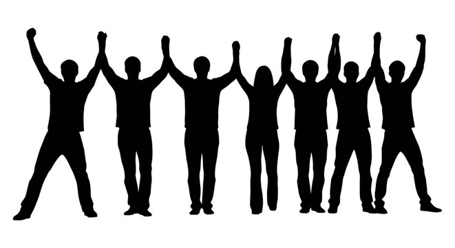 Group of people holding hands up in victory