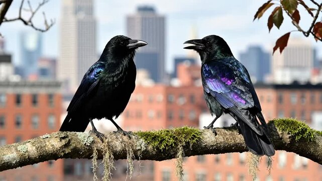 Two beautiful corvids perched on a branch in an urban setting with a vibrant city skyline as the backdrop.