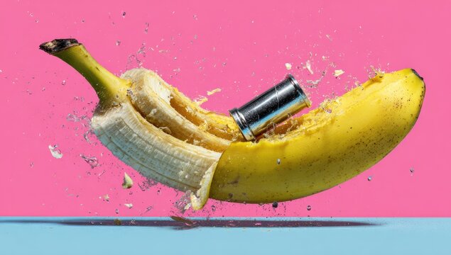 Bullet impales banana, exploding fruit against vibrant pink and blue