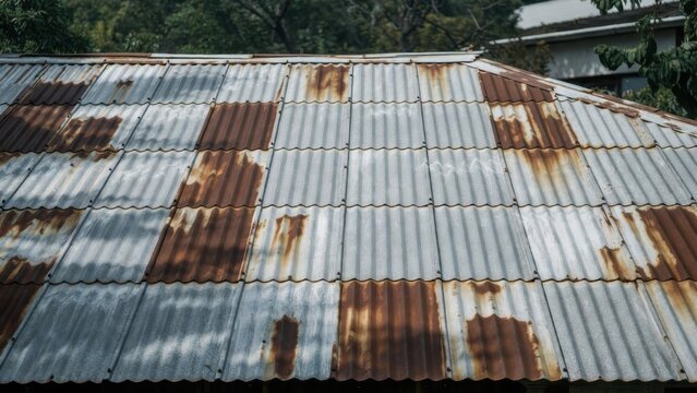 Weathered corrugated metal roof with rust and patina, showing age and texture
