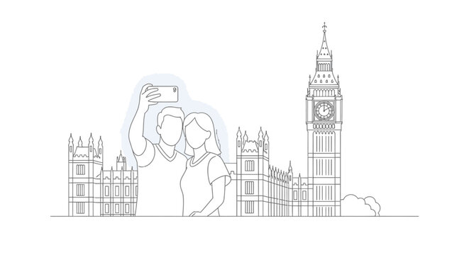 Continuous line drawing of a couple taking a photo in front of famous London city skyline with iconic Big Ben tower.