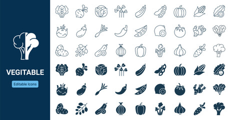 Obraz premium Vegetable icon set with editable line and solid style icons including broccoli, carrot, and pepper
