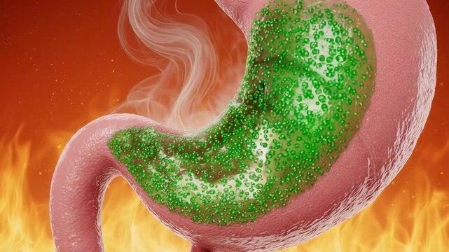 3D animated human stomach with bubbling green acid and rising steam, heartburn and acid reflux concept, digestive inflammation visualization, 4K video
