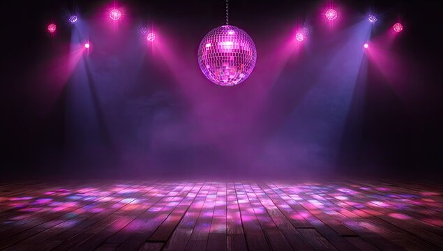 Disco Ball Lights Up Empty Dance Floor with Purple Haze.