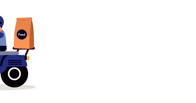 Animated footage of a courier riding a motorcycle while carrying a food package. Animation of riding a motorcycle from left to right.