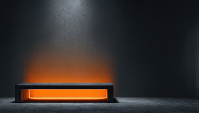 Illuminated pedestal on dark, textured wall with concrete floor