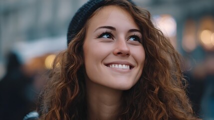 Fototapeta premium A genuine portrait of a young woman smiling while looking up in an urban natural light setting capturing a moment of pure joy and reflection