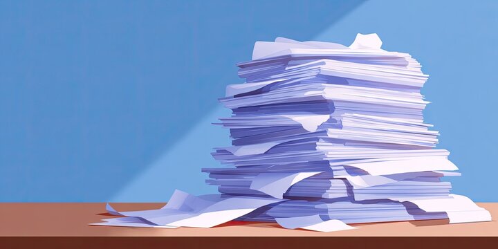 A tall, disorganized stack of white paper rests on a wooden desk