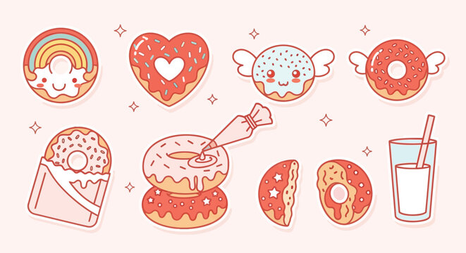 Cute cartoon donuts with various designs, including heart, rainbow, winged, and stacked, alongside milk and a piping bag, in a pastel color palette.