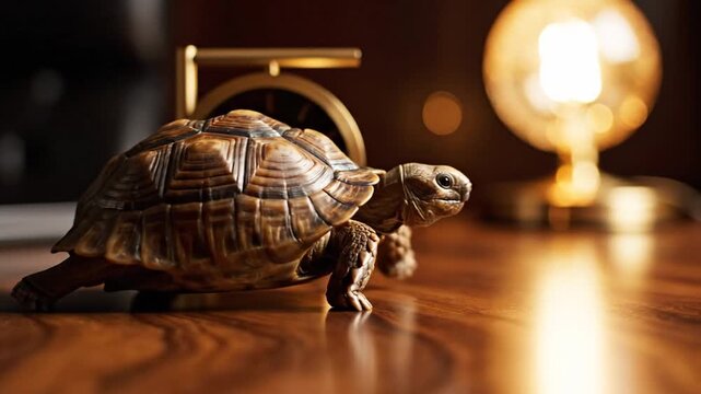 Tortoise figurine on wooden table indoors.