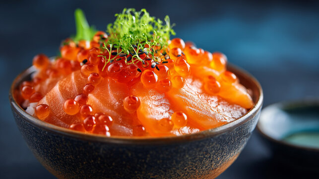 Close-up of salmon and ikura roe donburi in a japanese bowl with rice bowl