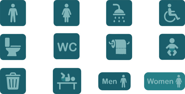 Flat Icon Outline Restroom Icons Set, Bathroom, WC, Shower, Accessibility Line Symbols