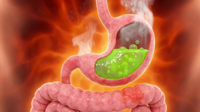 3D animated human stomach with bubbling green acid and rising steam, heartburn and acid reflux concept, digestive inflammation visualization, 4K video