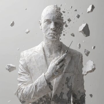 Disintegrating businessman, crumbling man, gray stone statue, destruction