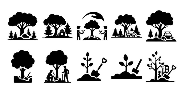 National arbor day tree planting and forest restoration icon set, Simple black solid vector illustration on transparent background.